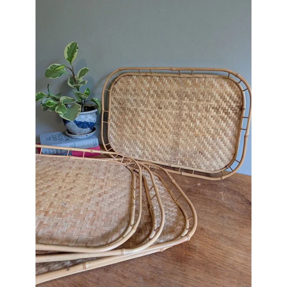 Vtg Bamboo Rattan Woven Wicker Serving Trays Set of 4 Boho Gallery Rail 19x12